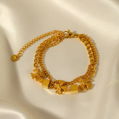 Elegant Multi-Layer Gold Chain Bracelet with floral and Cube Accents JLTB0686