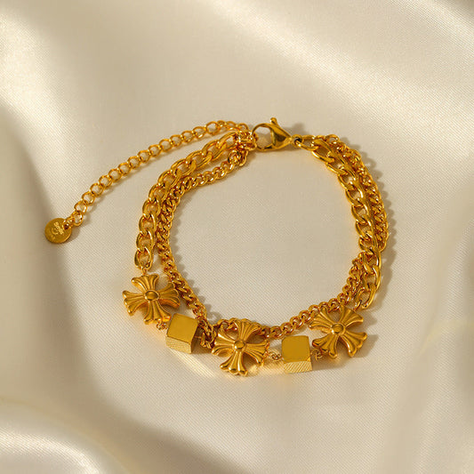 Elegant Multi-Layer Gold Chain Bracelet with floral and Cube Accents JLTB0686