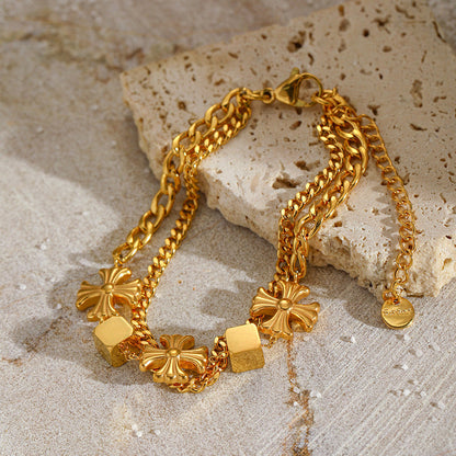 Elegant Multi-Layer Gold Chain Bracelet with floral and Cube Accents JLTB0686