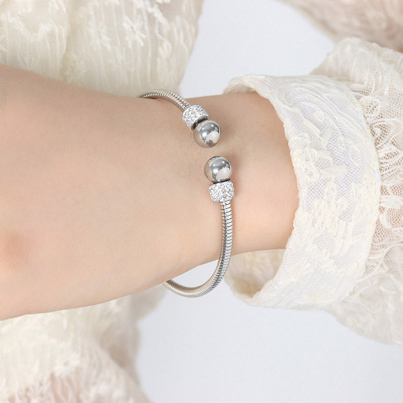 Flexible Cord Rhinestone Bead Opening Silver-Tone Bracelet JLTB0689