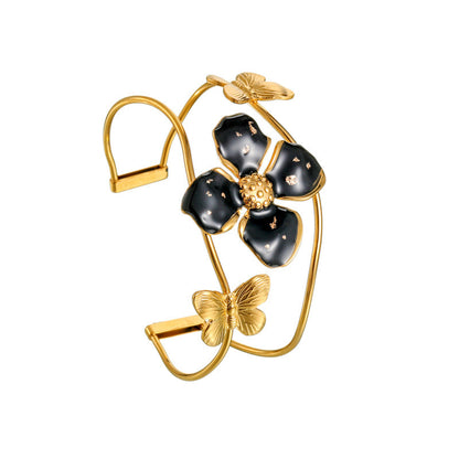 Elegant Gold Floral Cuff Bracelet with Wide Black Petals Bracelet JLTB0690