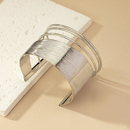 Modern Etched Silver Cuff with Triple Rod Detail Bracelets JLTB0846