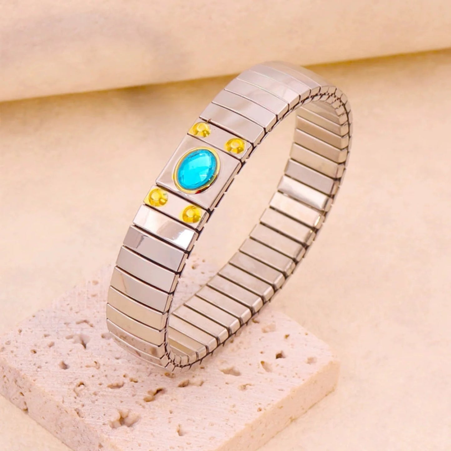 Silver-Toned Stretch Band Bracelet with Turquoise Oval Stone & Yellow Crystal Accents JLTB0858