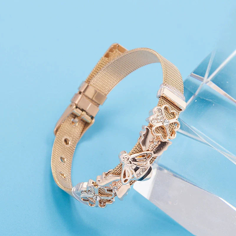 Just Lil Things Rose Gold Mesh Bracelet with Crystal-Accented Flower Charms JLTB0865