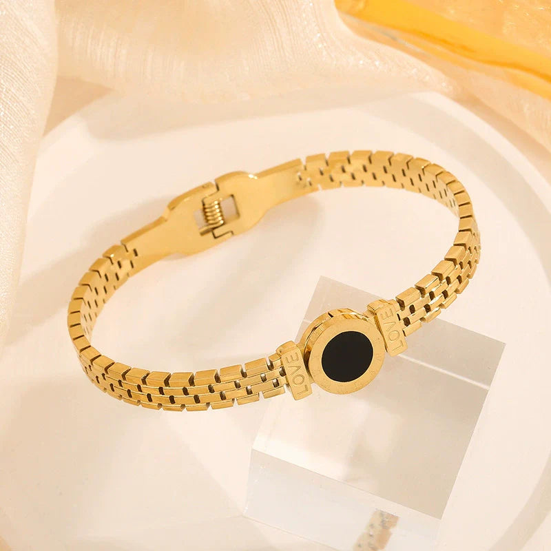 Just Lil Things Gold Link Bracelet with Black Enamel Round Charm JLTB0871