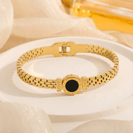 Just Lil Things Gold Link Bracelet with Black Enamel Round Charm JLTB0871