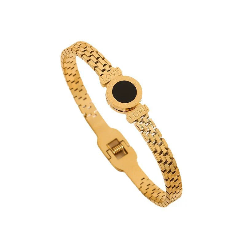 Just Lil Things Gold Link Bracelet with Black Enamel Round Charm JLTB0871