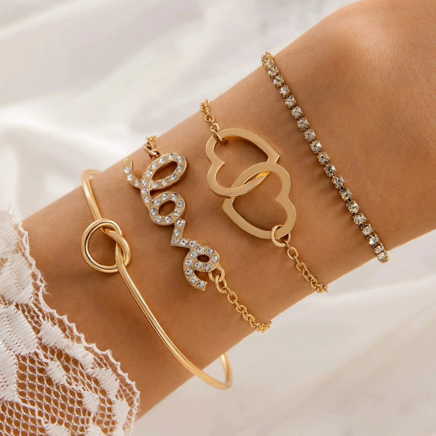 Just Lil Things Gold-Tone Love & Hearts Crystal Bracelet Set JLTB0873 - Pack of 4