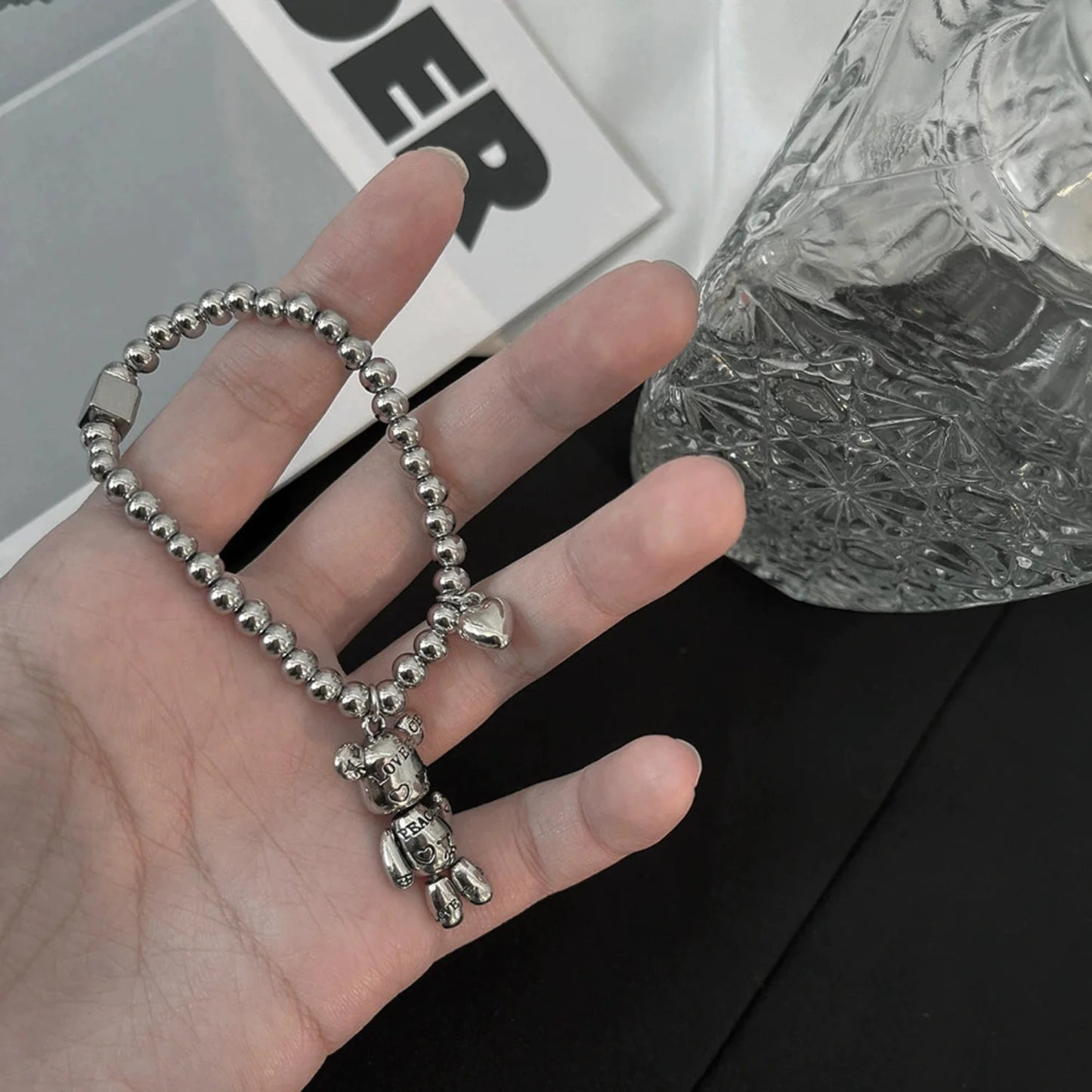 Silver Teddy Bear Heart Bracelet JLTB1032