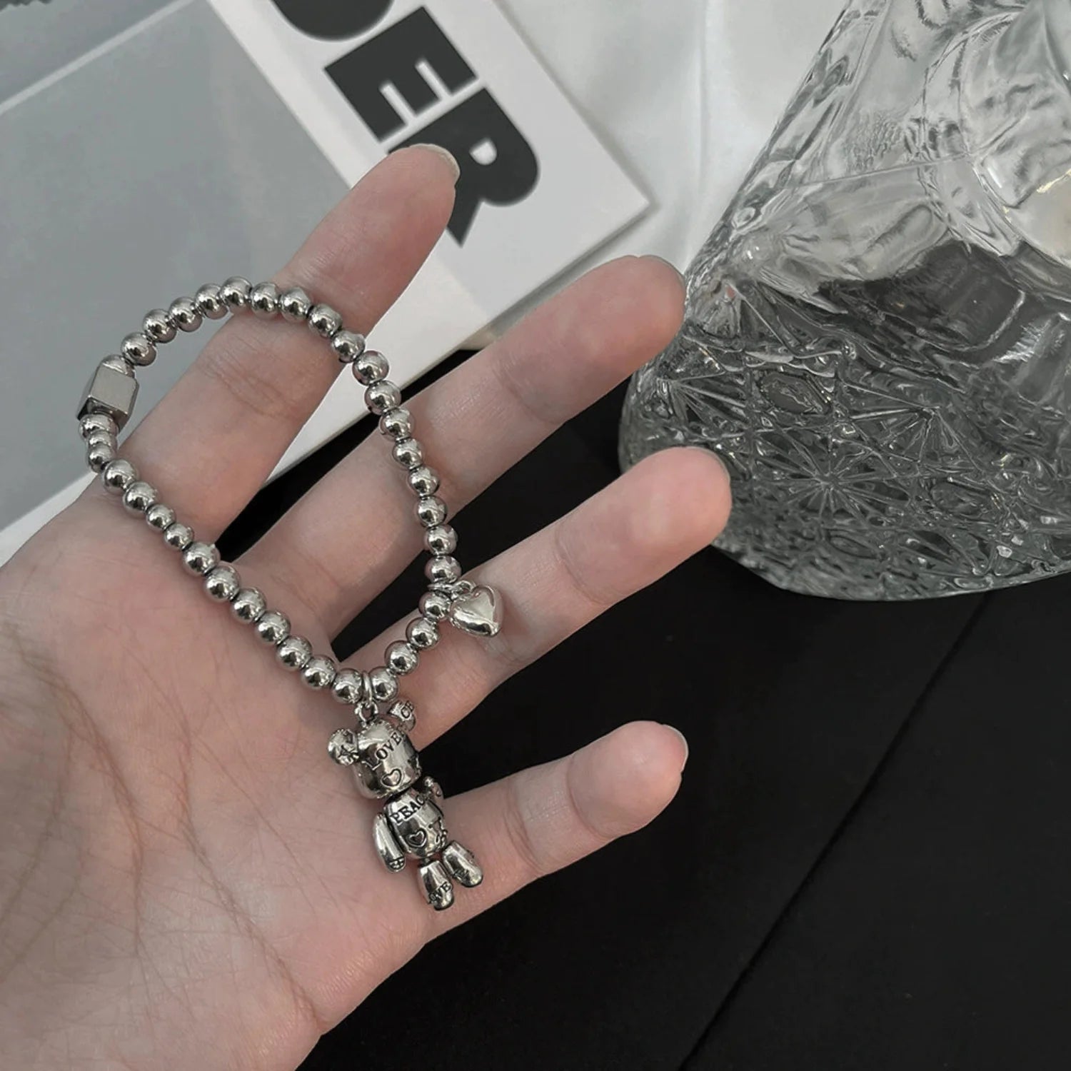 Silver Teddy Bear Heart Bracelet JLTB1032
