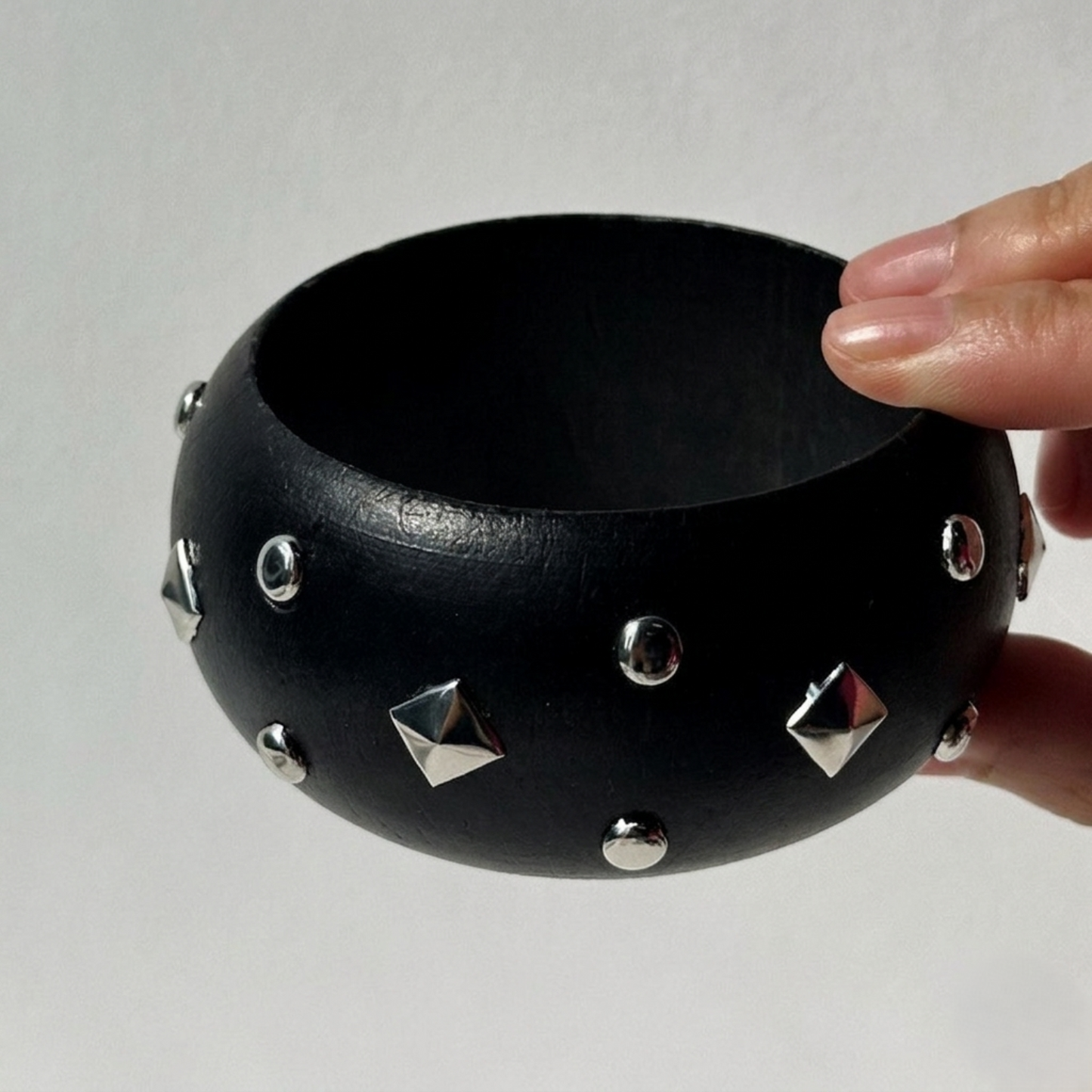 Black Studded Wooden Bangle Bracelet JLTB1093