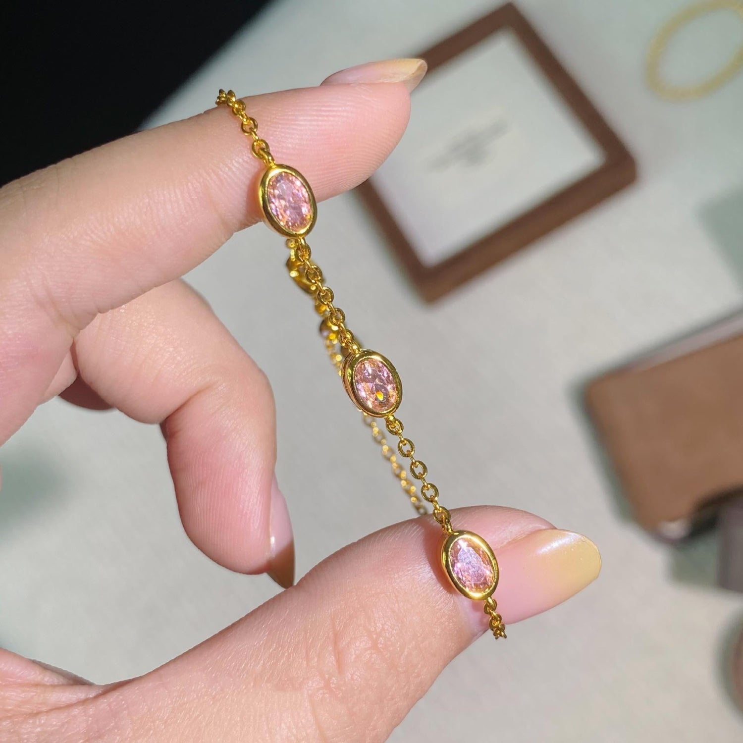 Gold Pink Oval Stone Bracelet JLTB1097