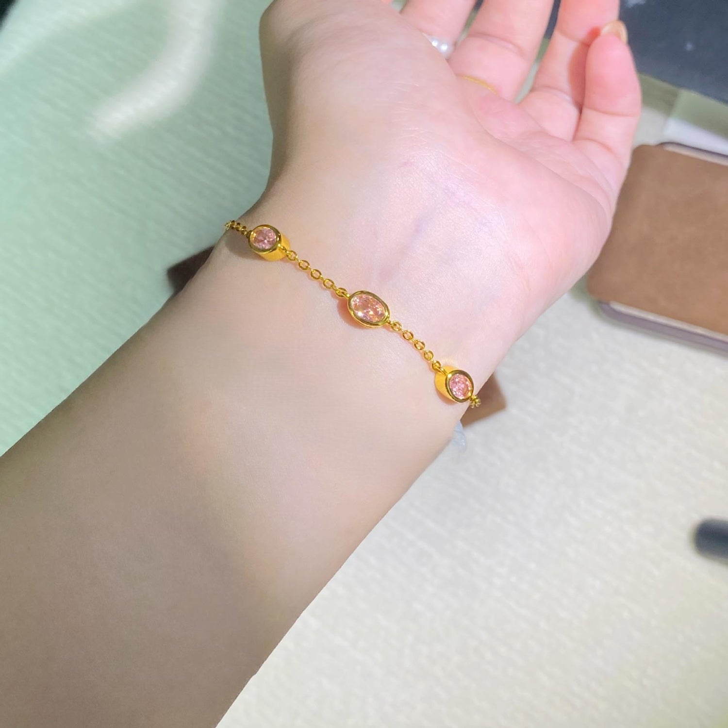 Gold Pink Oval Stone Bracelet JLTB1097