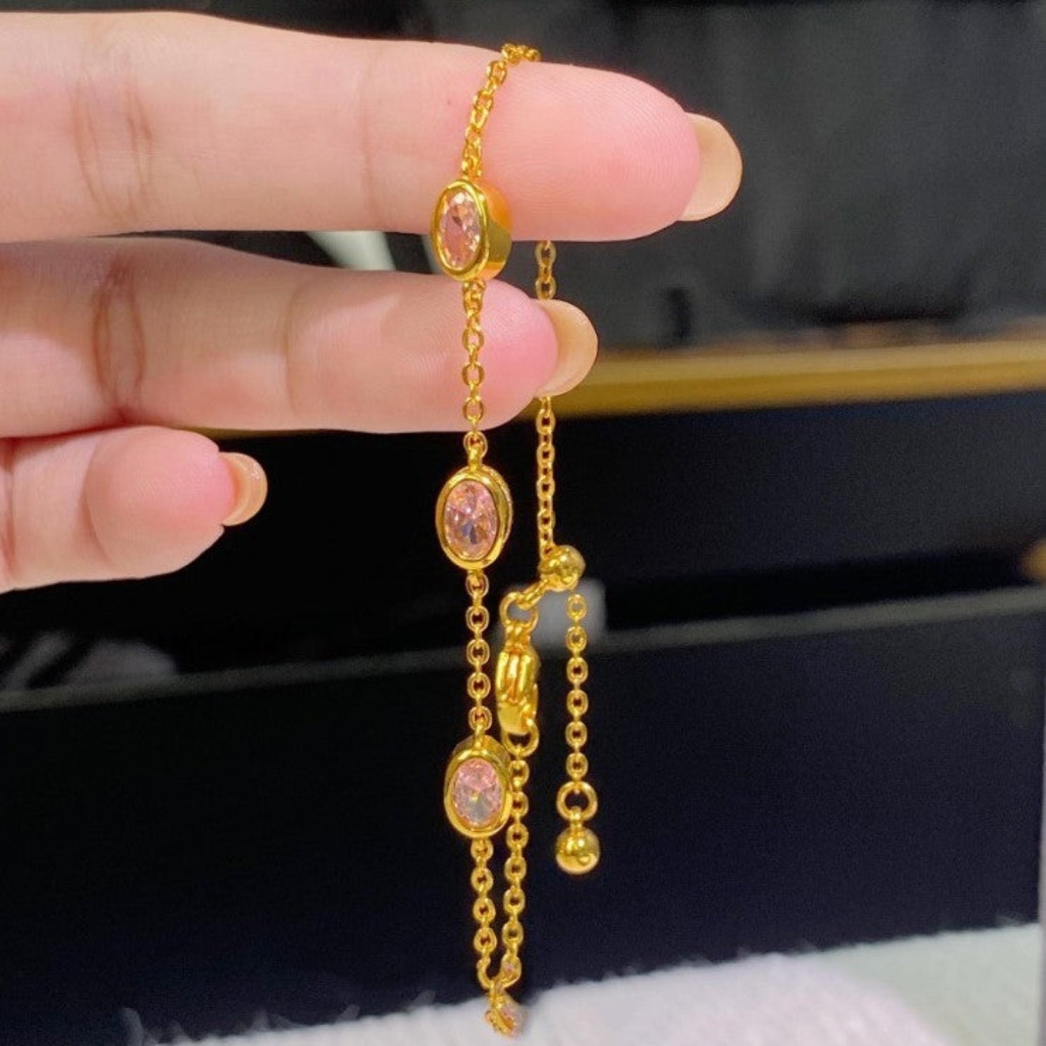 Gold Pink Oval Stone Bracelet JLTB1097