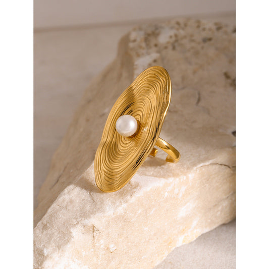 Artificial Textured Gold Oval Disk with Pearl JLTR0341