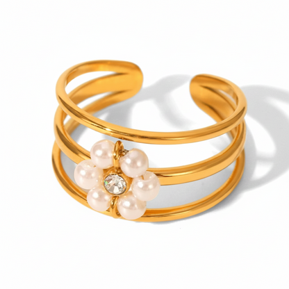 Elegant Pearl Flower Triple-Band Adjustable Ring JLTR0650