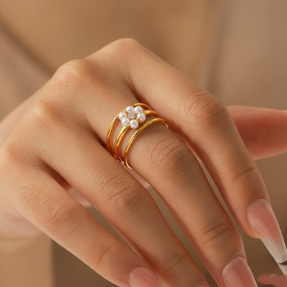 Elegant Pearl Flower Triple-Band Adjustable Ring JLTR0650