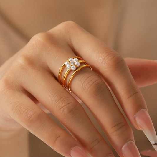 Elegant Pearl Flower Triple-Band Adjustable Ring JLTR0650