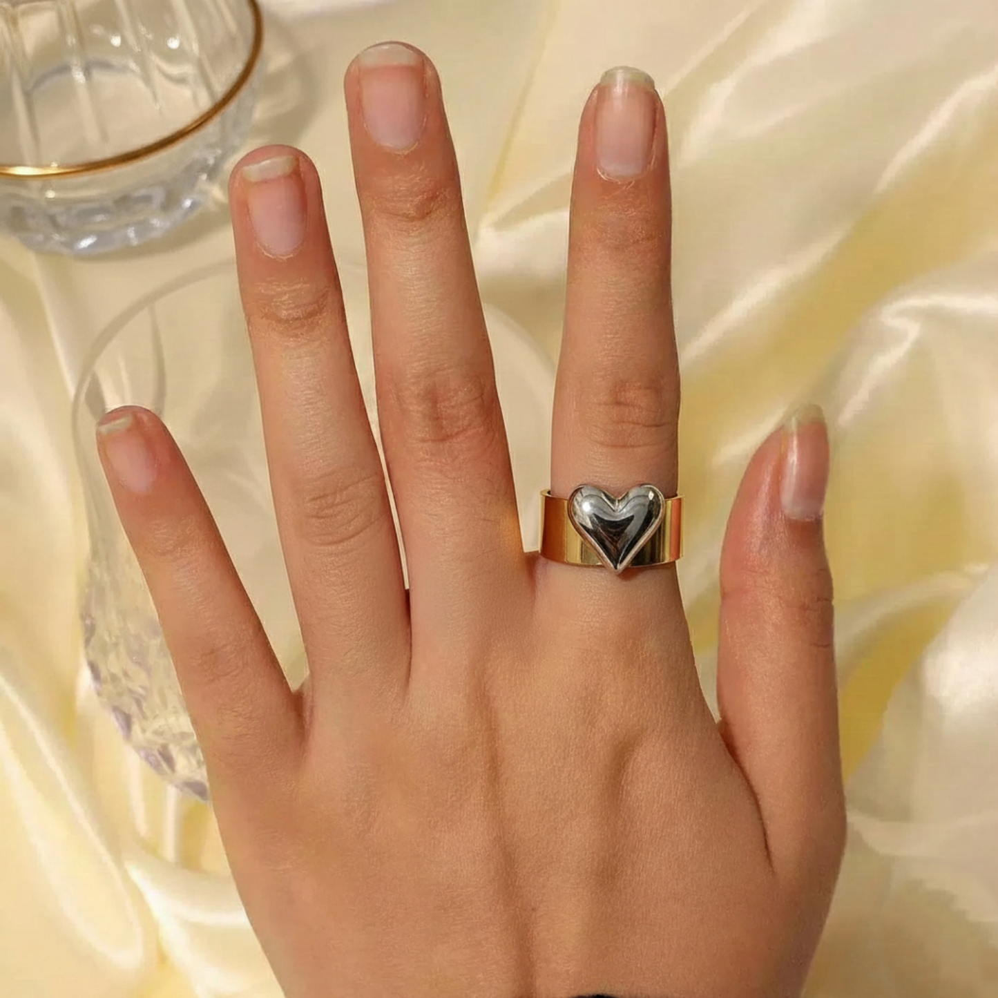 Two-Tone Puffy Heart Cuff Ring JLTR0658