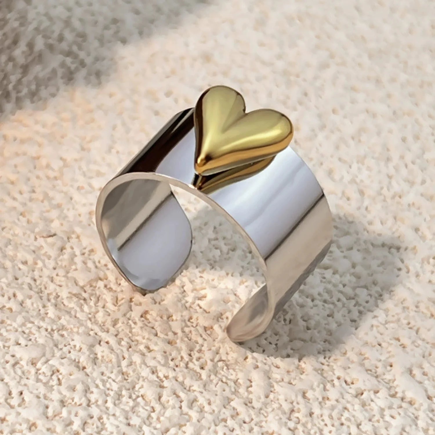 Two-Tone Puffy Heart Cuff Ring JLTR0659