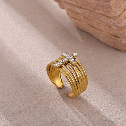 Crystal Cross Multi-Layer Gold Ring JLTR0692