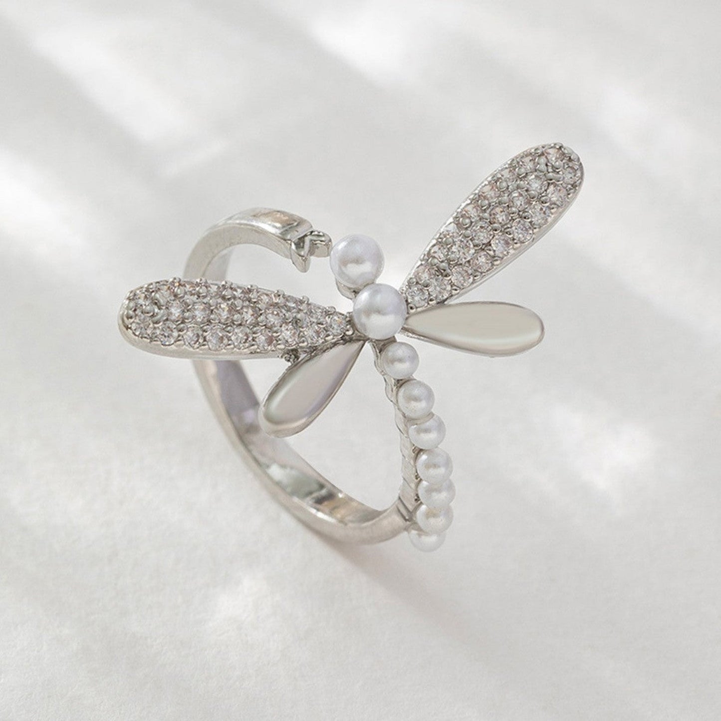 Silver Dragonfly Pearl Crystal Ring JLTR0713