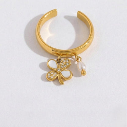 Gold Clover Pearl Dangle Ring JLTR0722