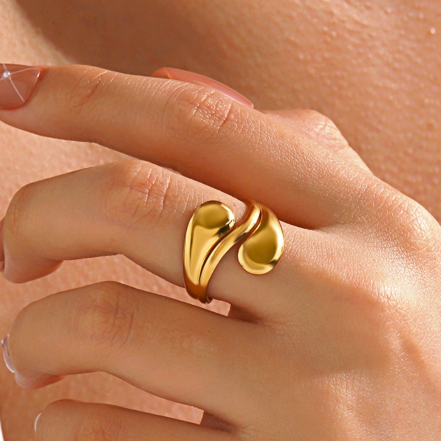 Golden Liquid Metal Teardrop Ring JLTR0754
