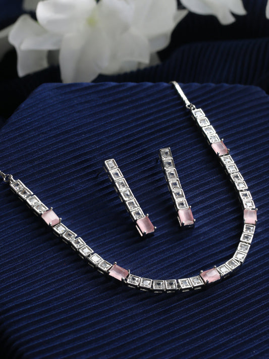 Priyaasi Pink Blocks AD Silver-Plated Jewellery Set