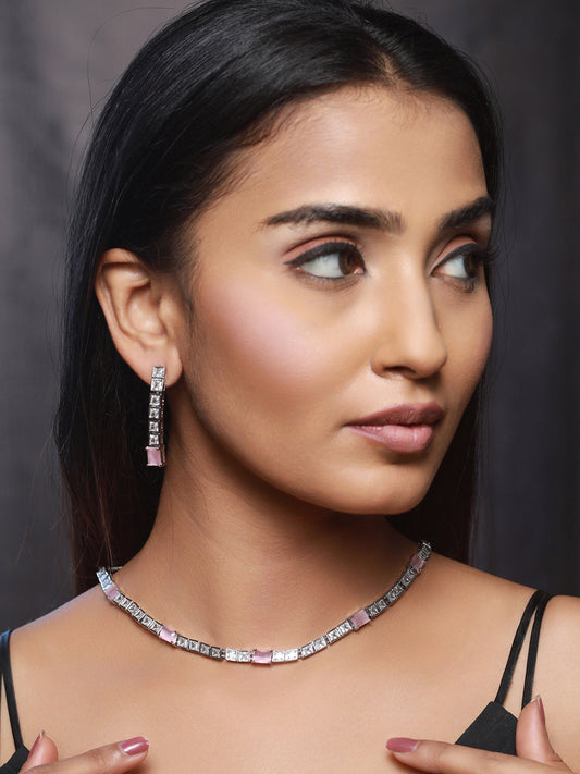 Priyaasi Pink Blocks AD Silver-Plated Jewellery Set