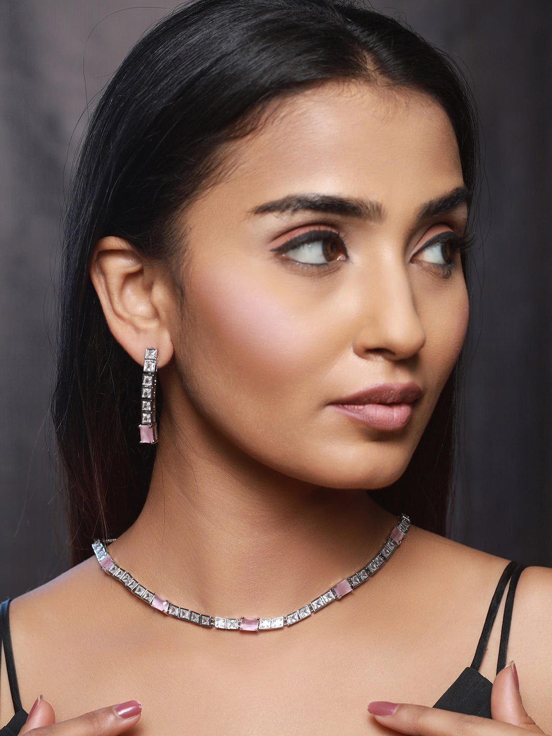 Priyaasi Pink Blocks AD Silver-Plated Jewellery Set