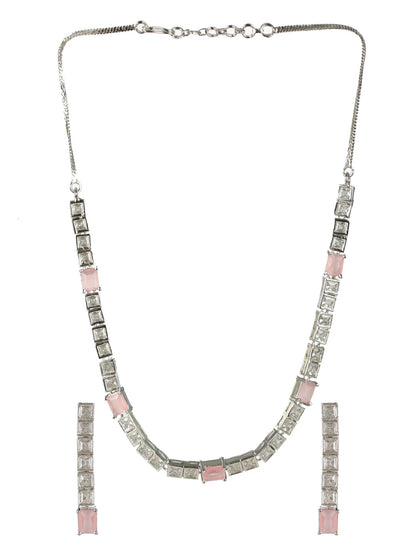 Priyaasi Pink Blocks AD Silver-Plated Jewellery Set