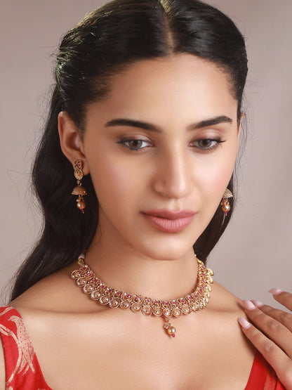 Priyaasi Floral Pink Stone Studded Gold-Plated Jewellery Set