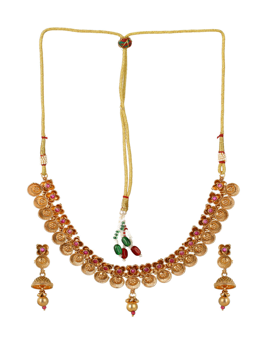 Priyaasi Floral Pink Stone Studded Gold-Plated Jewellery Set