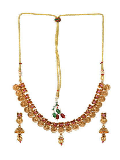 Priyaasi Floral Pink Stone Studded Gold-Plated Jewellery Set