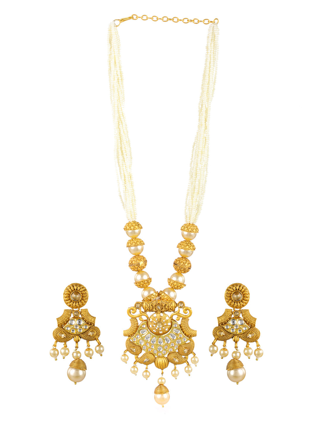 Priyaasi White Peacock Kundan Pearl Multilayer Gold-Plated Jewellery Set