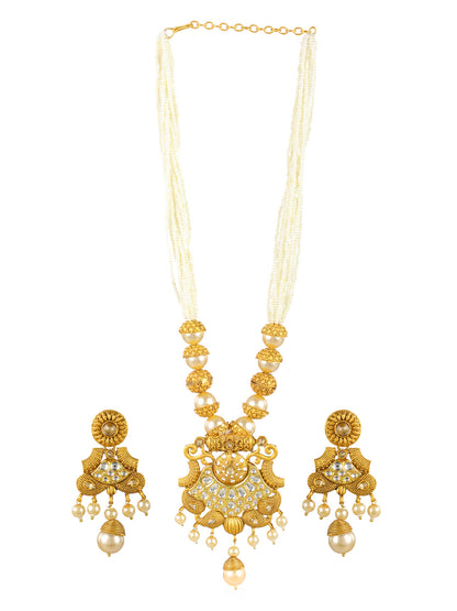 Priyaasi White Peacock Kundan Pearl Multilayer Gold-Plated Jewellery Set