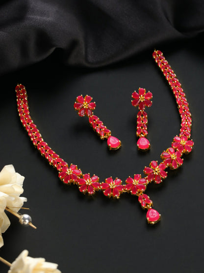Priyaasi Red Floral Leaf Gold-Plated Jewellery Set