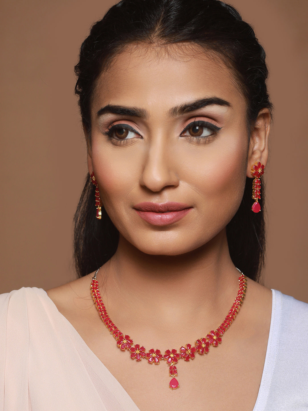 Priyaasi Red Floral Leaf Gold-Plated Jewellery Set