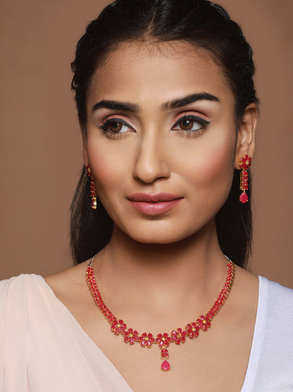 Priyaasi Red Floral Leaf Gold-Plated Jewellery Set