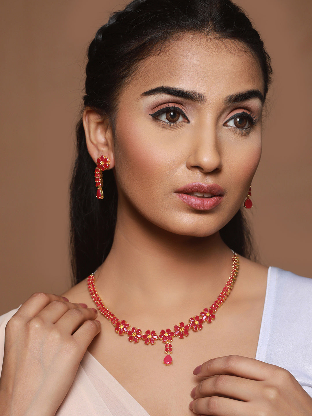 Priyaasi Red Floral Leaf Gold-Plated Jewellery Set
