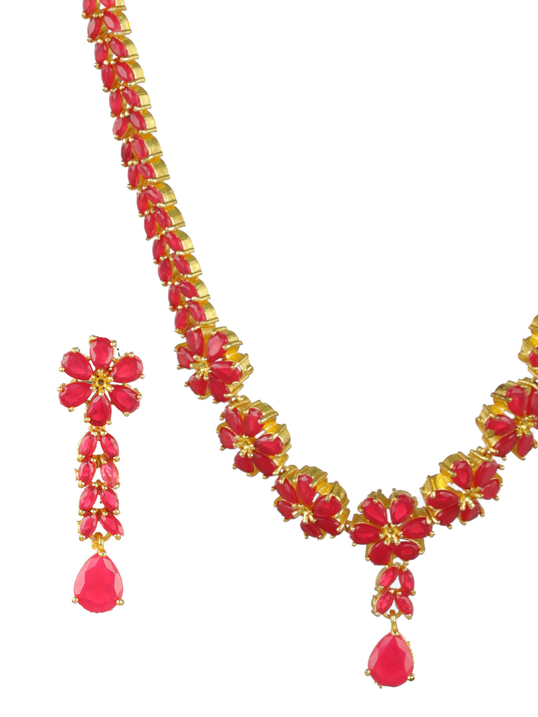 Priyaasi Red Floral Leaf Gold-Plated Jewellery Set