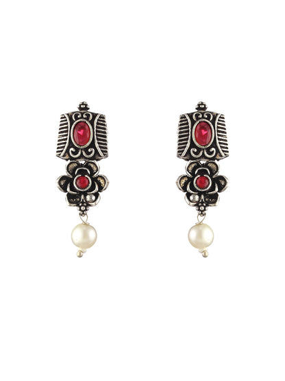 Priyaasi Studded Floral Pink Leaf Pearl Drop Oxidised Silver Jewellery Set