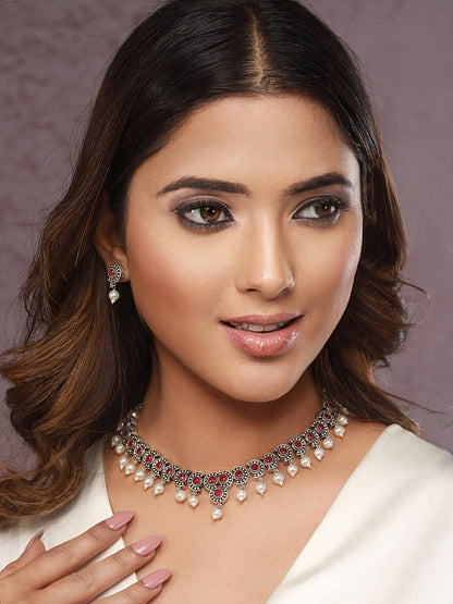 Priyaasi Pink Studded Floral Pearl Oxidised Silver Jewellery Set