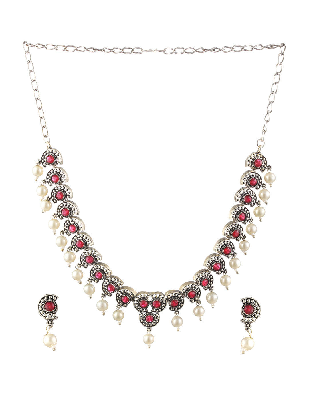 Priyaasi Pink Studded Floral Pearl Oxidised Silver Jewellery Set