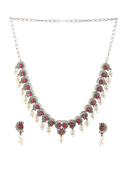 Priyaasi Pink Studded Floral Pearl Oxidised Silver Jewellery Set