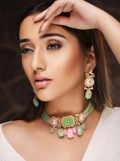 Multicolor Pastel-Toned Kundan Gold-Plated Choker Jewellery Set