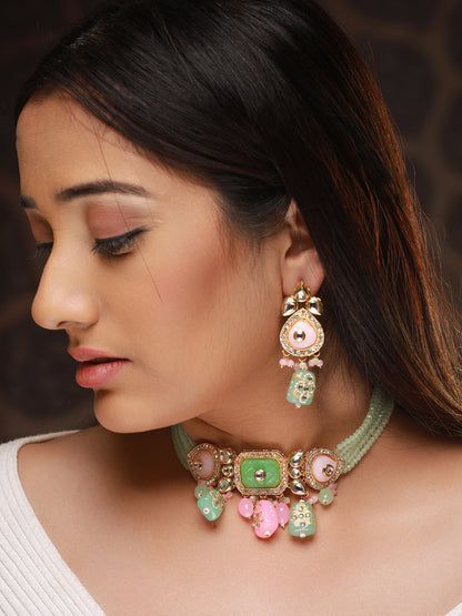 Multicolor Pastel-Toned Kundan Gold-Plated Choker Jewellery Set