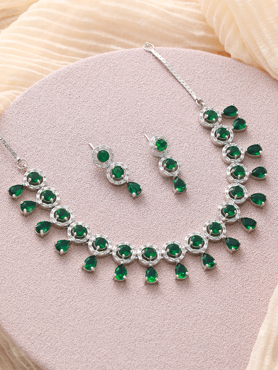 Green Halo Drop American Diamond Silver-Plated Jewellery Set