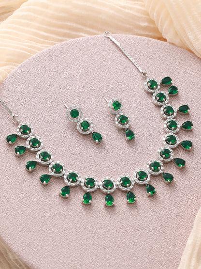 Green Halo Drop American Diamond Silver-Plated Jewellery Set